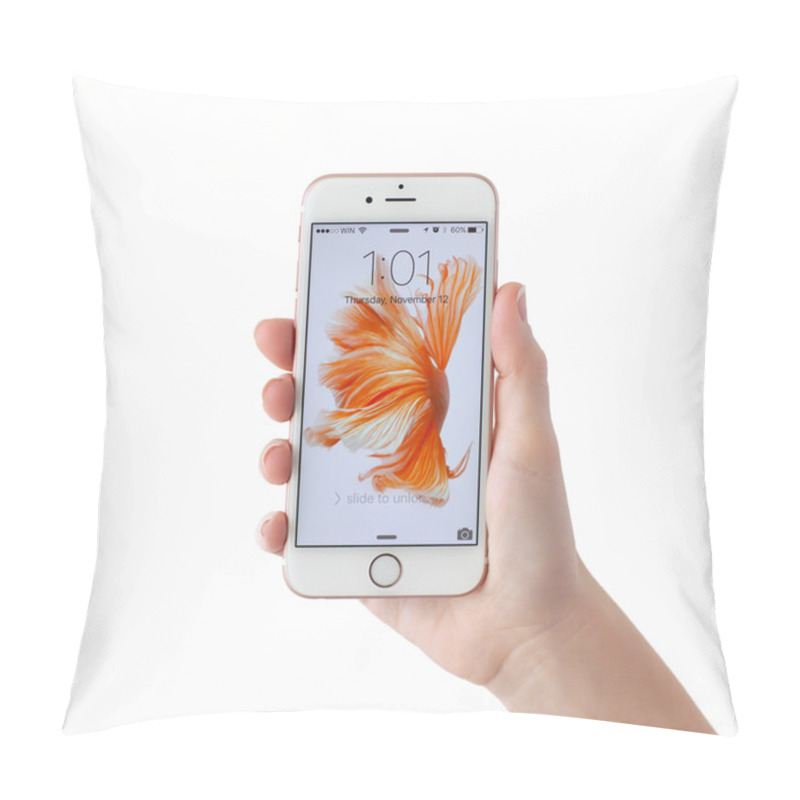 Personality  Woman Unlock IPhone 6S Rose Gold On The White Background Pillow Covers