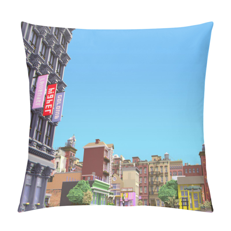 Personality  3d Rendering Of Cartoon Stylized Town. Pixel Art City. Typical New York Historic District With Old Red Brick Buildings And Small Shops. Urban Area. Perspective View From The Ground Level Pillow Covers