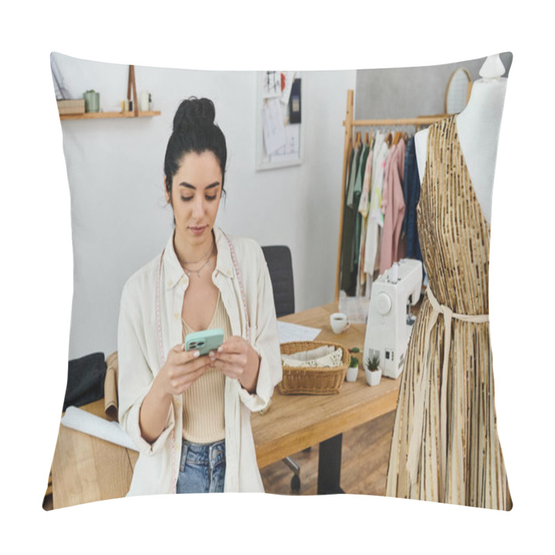 Personality  A Woman In Casual Attire Upcycling Her Clothes Looks At A Cell Phone. Pillow Covers