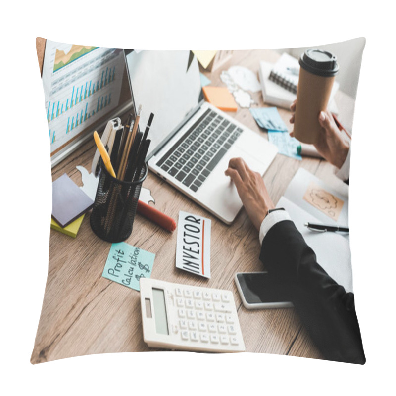 Personality  Cropped View Of Woman Holding Coffee To Go Near Laptop With Blank Screen  Pillow Covers