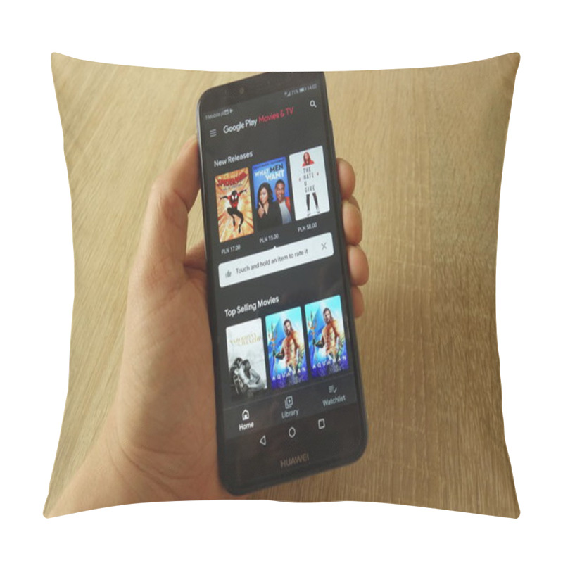 Personality  KONSKIE, POLAND - May 18, 2019: Hand Holding Smartphone With Google Play Movies And TV Application On Screen Pillow Covers