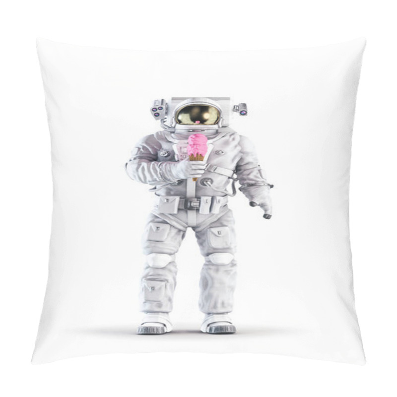 Personality  Astronaut With Ice Cream / 3D Illustration Of Space Suit Wearing Male Figure Holding Pink Strawberry Ice Cream Cone Isolated On White Studio Background Pillow Covers