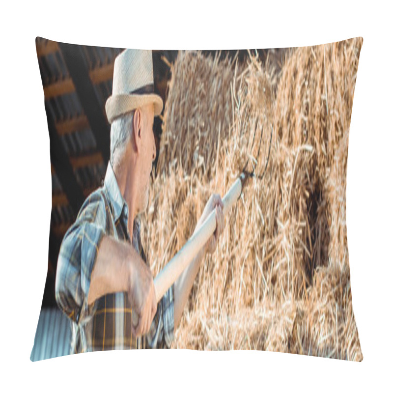 Personality  Panoramic Shot Of Senior Man Holding Rake Near Hay  Pillow Covers