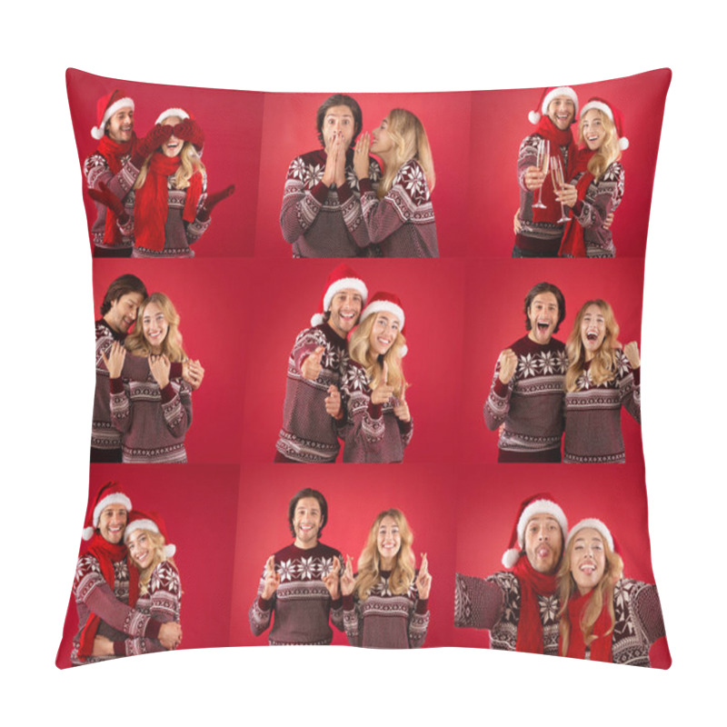 Personality  A Cheerful Couple In Holiday Sweaters Is Enjoying Their Time Together, Engaging In Playful Activities, And Celebrating The Festive Season Against A Bright Red Backdrop. Pillow Covers