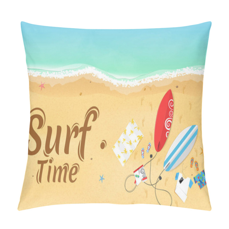 Personality  Time For Surfing. On The Beach Are Things, A Surfboard And Accessories. Summer Weekend. Top View Of The Beach. Exotic Zone Of Rest. Vector Illustration Pillow Covers