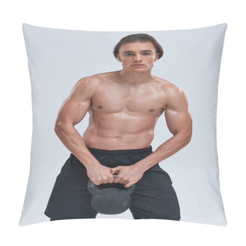 Personality  Handsome Athletic Shirtless Man Exercising With Kettlebell And Looking At Camera On Gray Backdrop Pillow Covers