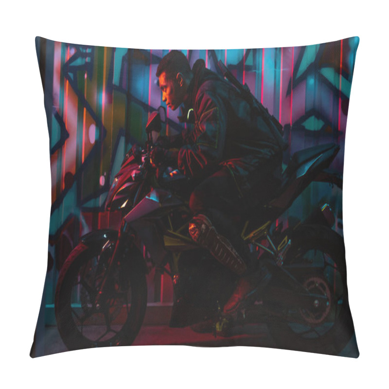 Personality  Profile Of Mixed Race Cyberpunk Player Riding Motorcycle On Street With Graffiti Pillow Covers