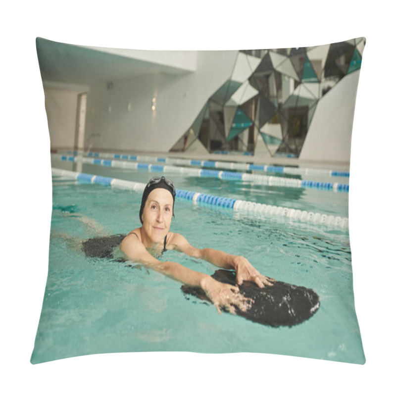 Personality  Middle Aged Woman Swimming With Floating Board In Pool, Swim Cap And Goggles, Sport, Lifestyle Pillow Covers