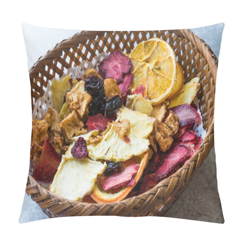 Personality  Mixed Dried Fruits Orange, Strawberry, Pineapple, Cherry And Apple Slices With Cinnamon Powder In Wooden Basket. Pillow Covers