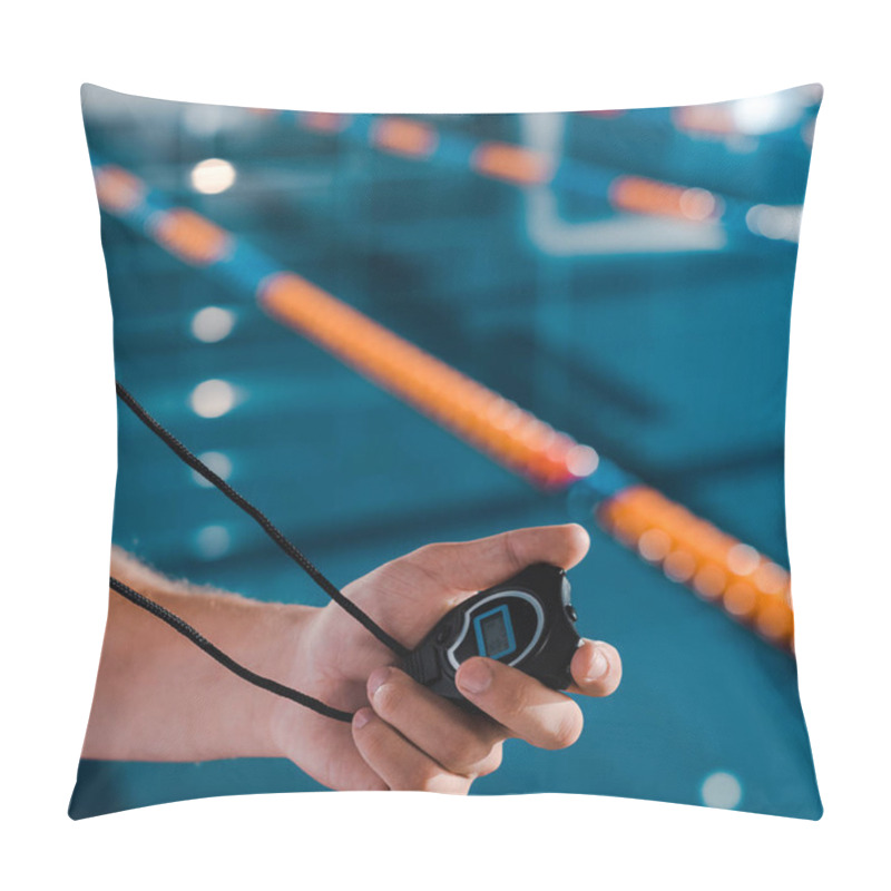 Personality  Cropped View Of Sportsman Holding Timer Near Swimming Pool  Pillow Covers