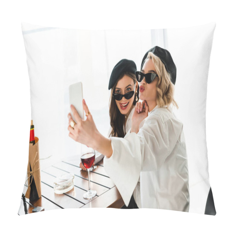 Personality  Elegant Brunette And Blonde Women In Black Berets And Sunglasses Drinking Red Wine And Taking Selfie While Pouting Lips And Sticking Out Tongue  Pillow Covers