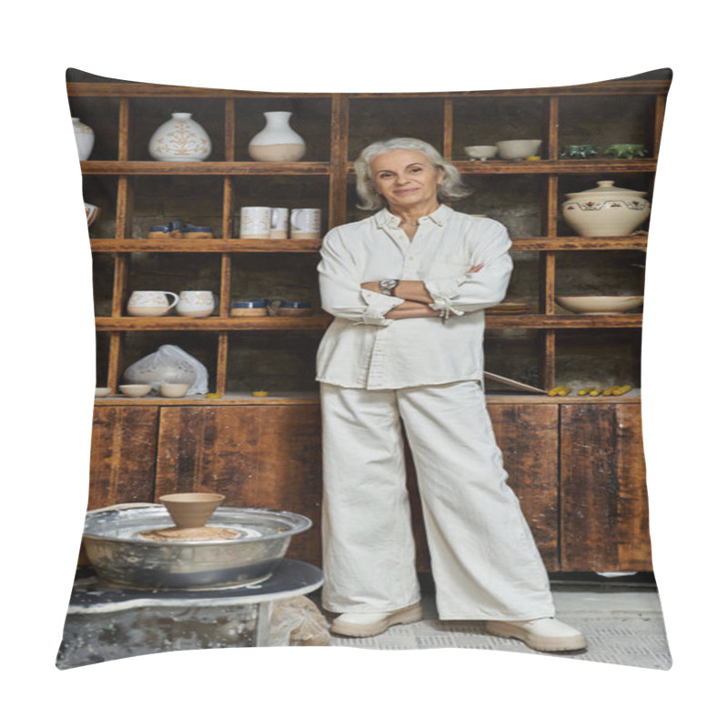 Personality  A Proud, Creative Woman Stands Beside Her Pottery Creations In The Studio. Pillow Covers