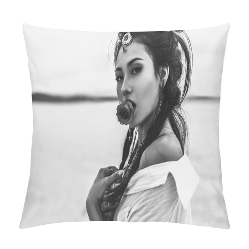 Personality  Oriental Stylish Boho Girl Holding Flower In Mouth On The Beach At Sunset. Black And White Portrait Pillow Covers