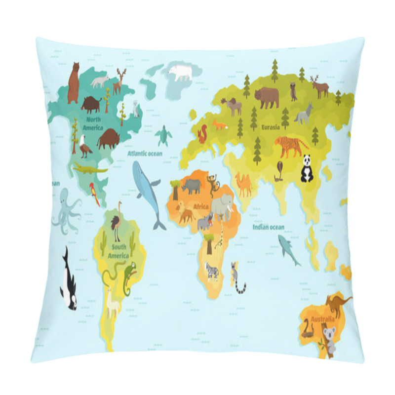 Personality  Funny Cartoon Animal World Map For Children With The Continents, Oceans And Lot Of Funny Animals. Vector Illustration For Preschool Education In Kids Design. Cartoon Animals For Kids Pillow Covers