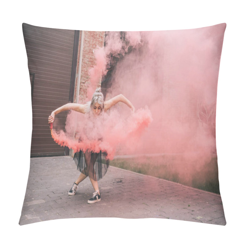 Personality  Attractive Young Female Dancer Dancing In Pink Smoke On Street  Pillow Covers