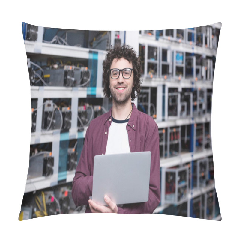 Personality  Young Computer Engineer With Laptop At Cryptocurrency Mining Farm Pillow Covers