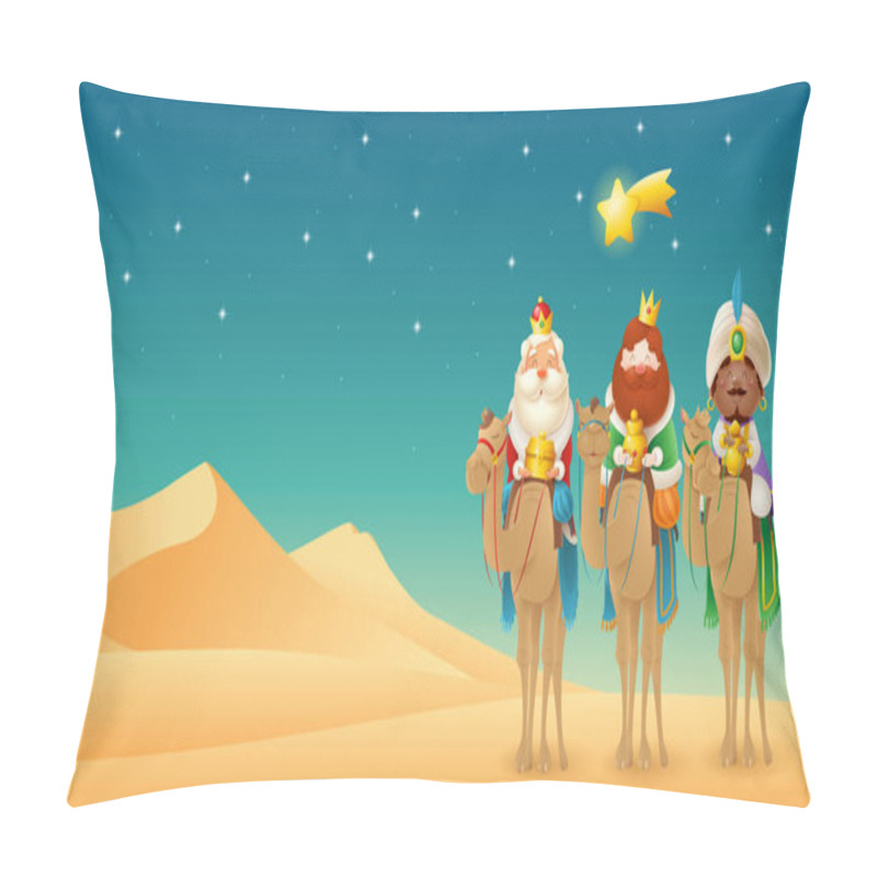 Personality  Three Wise Men, Three Kings Or Mags Bring Gifts To The Little Born Jesus - Desert Landscape - Vector Illustration Pillow Covers