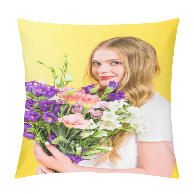 Personality  Beautiful Blonde Girl With Flowers Looking At Camera On Yellow  Pillow Covers