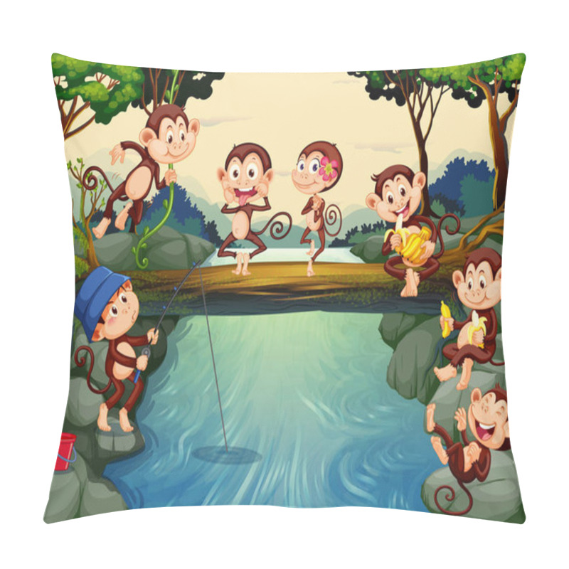 Personality  Forest River Scene With Monkey Cartoon Characters Illustration Pillow Covers