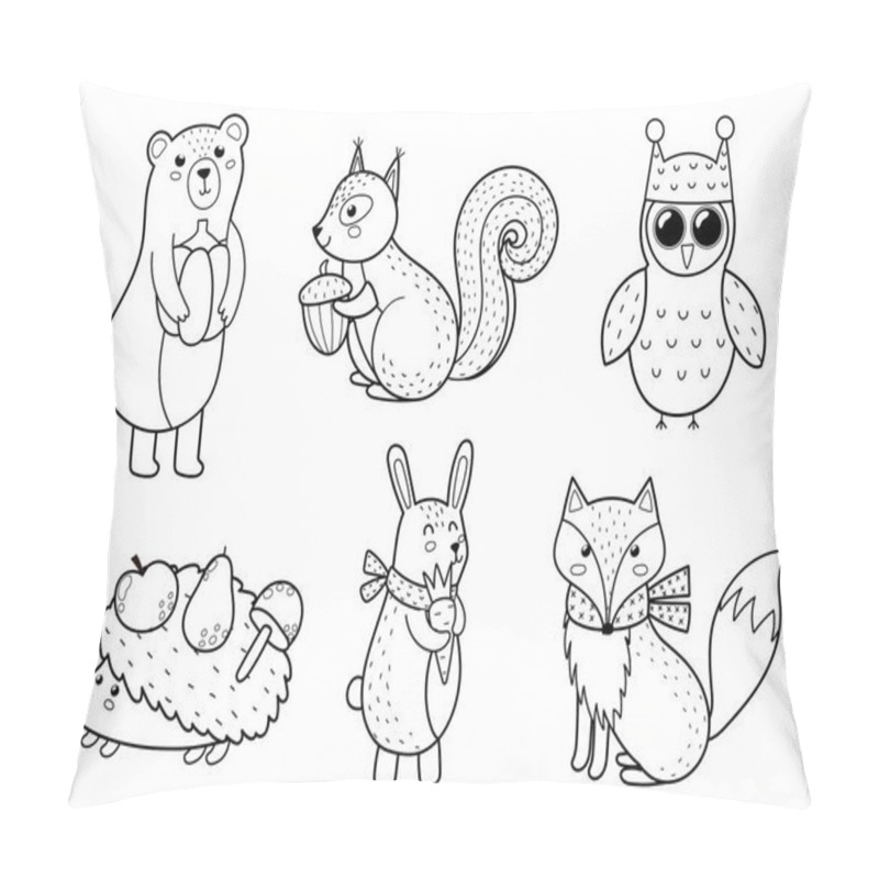 Personality  Cute Forest Animals Collection. Fall Woodland Black And White Characters For Kids Design. Bear, Fox, Owl, Hedgehog, Rabbit And Squirrel. Vector Illustration Pillow Covers