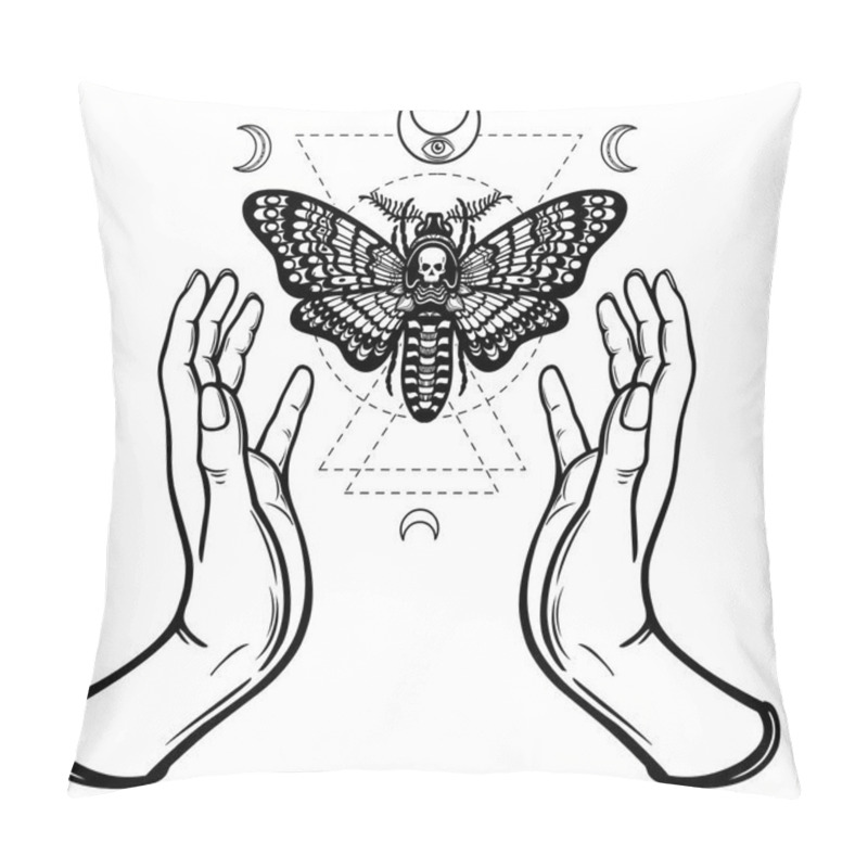 Personality  Human Hands Hold A Moth The Dead Head. Symbols Of The Moon. Mysticism, Esoteric, Sorcery. Sacred Geometry. Coloring Book. Vector Illustration Isolated On A White Background. Pillow Covers