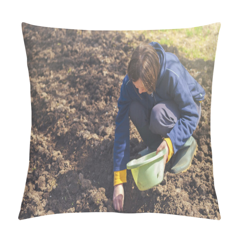 Personality  Woman Seeding Onions In Organic Vegetable Garden Pillow Covers