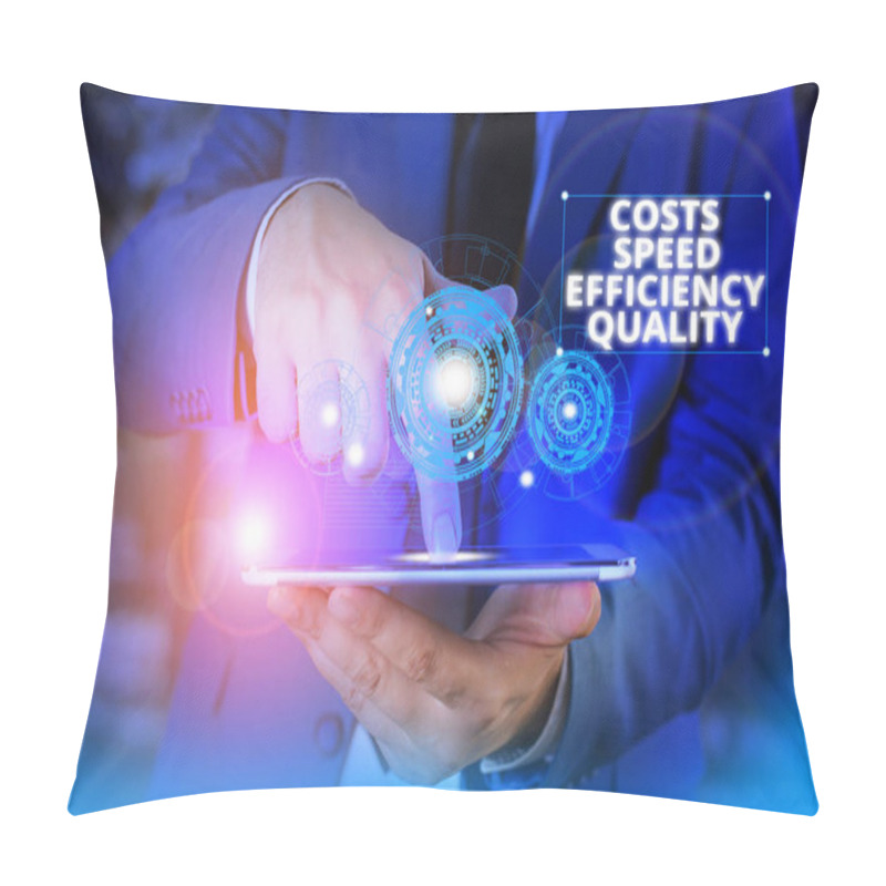 Personality  Handwriting Text Costs Speed Efficiency Quality. Concept Meaning Efficient Operation Inputs Outputs Balance Male Human Wear Formal Work Suit Presenting Presentation Using Smart Device. Pillow Covers