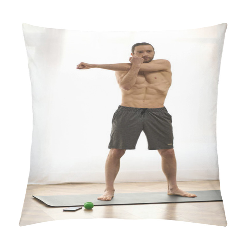 Personality  A Man Standing Gracefully On A Yoga Mat, Finding Balance And Peace At Home. Pillow Covers