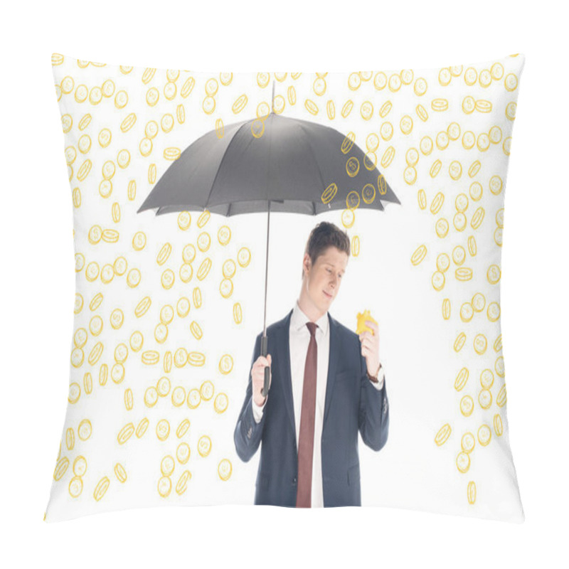 Personality  Successful Businessman In Suit Holding Umbrella And Yellow Piggy Bank Under Coins Rain On White Background Pillow Covers