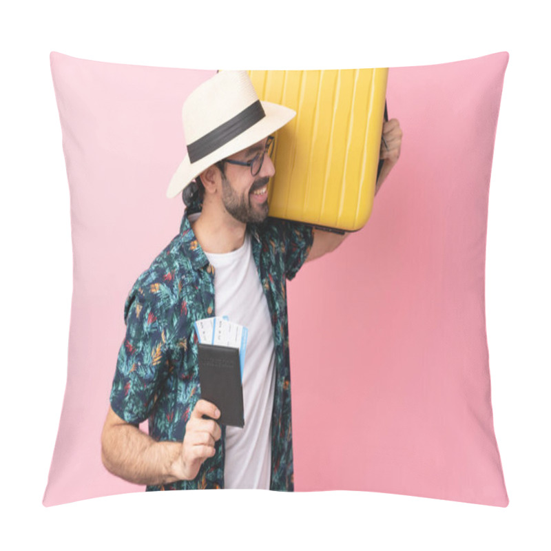 Personality  Young Caucasian Man Over Isolated Background In Vacation With Suitcase And Passport Pillow Covers