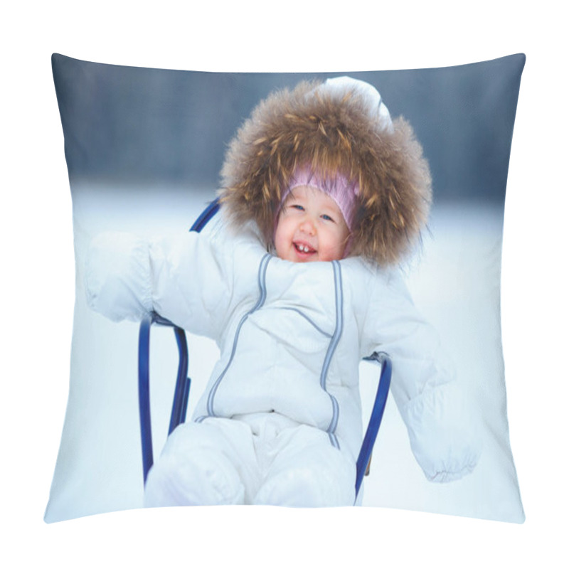 Personality  Sled And Snow Fun For Kids. Baby Sledding In Snowy Winter Park. Little Girl In Warm White Jacket And Knitted Hat Sitting On Sleigh Pillow Covers