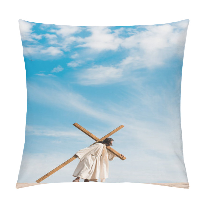 Personality  Bearded Man Walking With Wooden Cross In Desert On Golden Sand  Pillow Covers