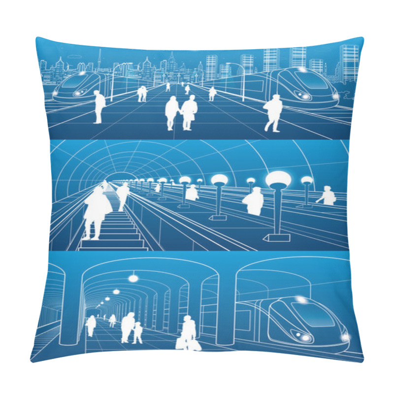 Personality  Subway Station, People Walking, Train Move. Infrastructure And Transport Illustration Set. Excavators, City Scene, White Lines On Blue Background, Vector Design Art Pillow Covers