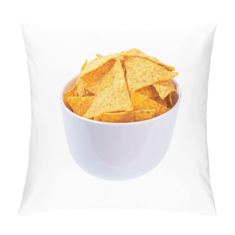 Personality  White Bowl Of Delicious Mexican Nachos Chips Isolated On A White Background. Pillow Covers