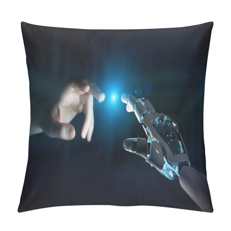 Personality  Robot Hand Making Contact With Human Hand On Dark Background 3D Rendering Pillow Covers