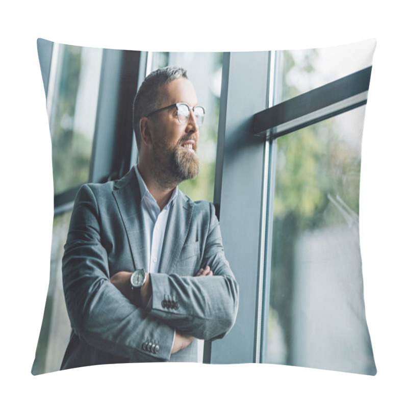 Personality  Handsome Businessman In Formal Wear And Glasses Looking Away  Pillow Covers