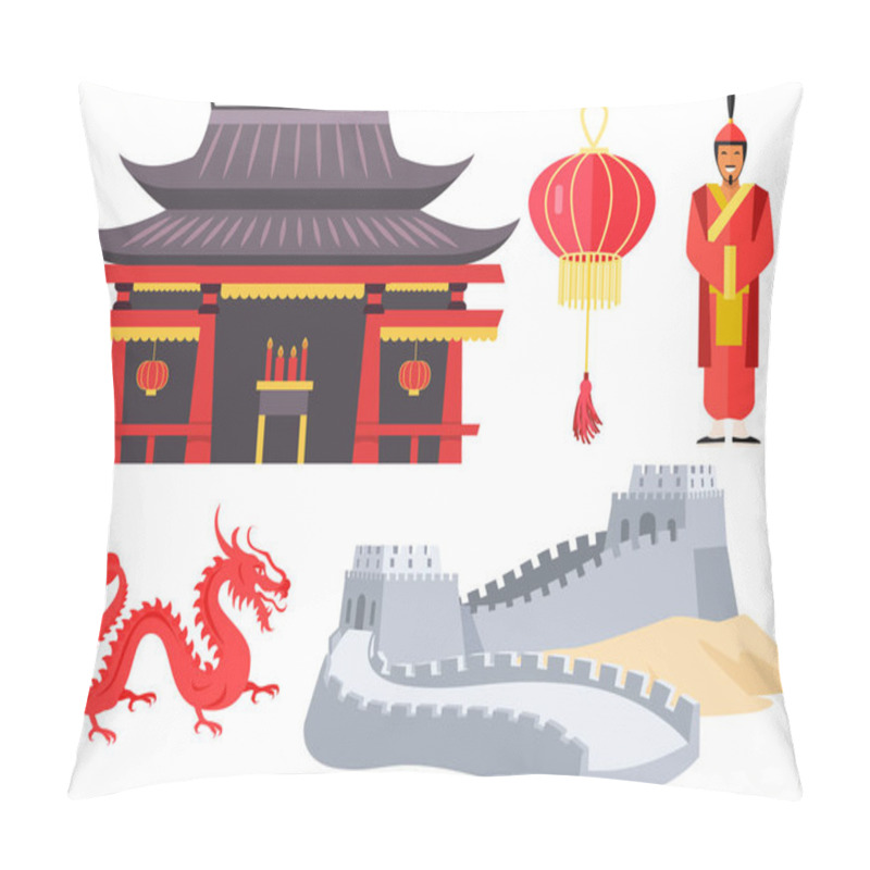 Personality  Asian Or Chinese Building Or Temple In Traditional Style And Fabulous Mythical Red Dragon Isolated Pillow Covers