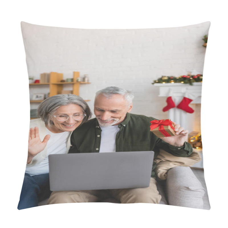 Personality  Smiling Middle Aged Woman Waving Hand Near Husband And Having Video Call On Laptop During Christmas  Pillow Covers