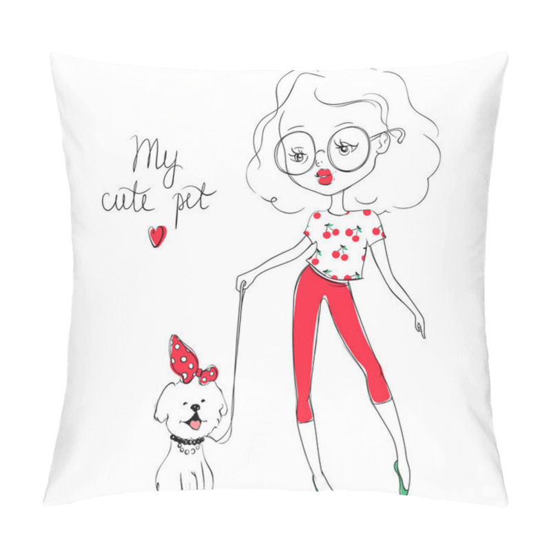 Personality  Cute Vector Girl And Pet Isolated On White Background. Stylish Y Pillow Covers