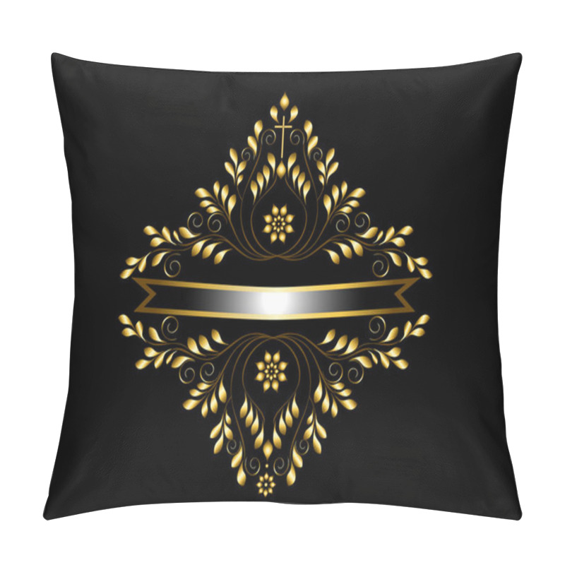 Personality   Gold Frame With Leaf And Curled Details Around Silver Ribbon With Gold Frame On Black Backgroun Pillow Covers