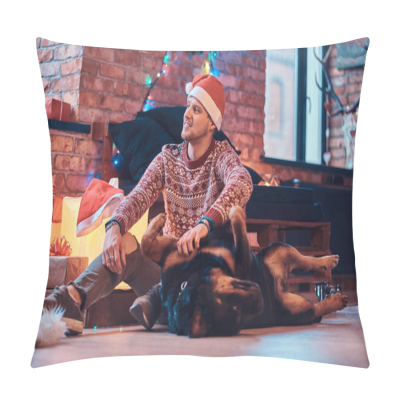 Personality  Stylish Man Playing With His Cute Dog In A Decorated Living Room At Christmas Time. Pillow Covers