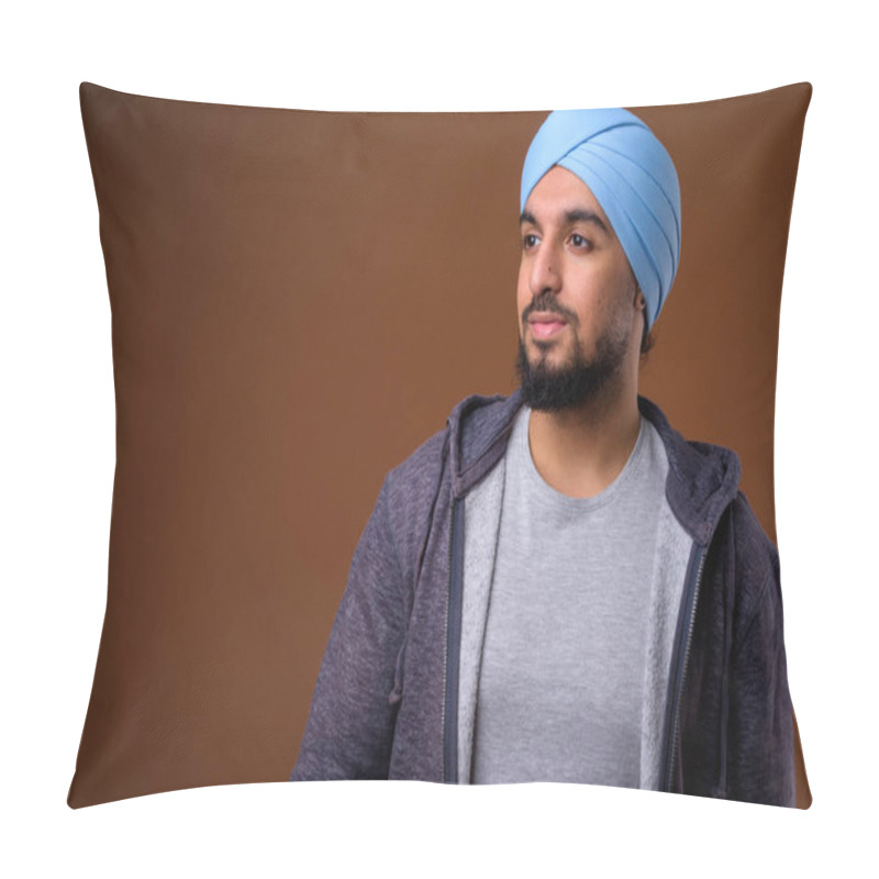 Personality  Young Bearded Indian Sikh Man Wearing Turban Against Brown Backg Pillow Covers