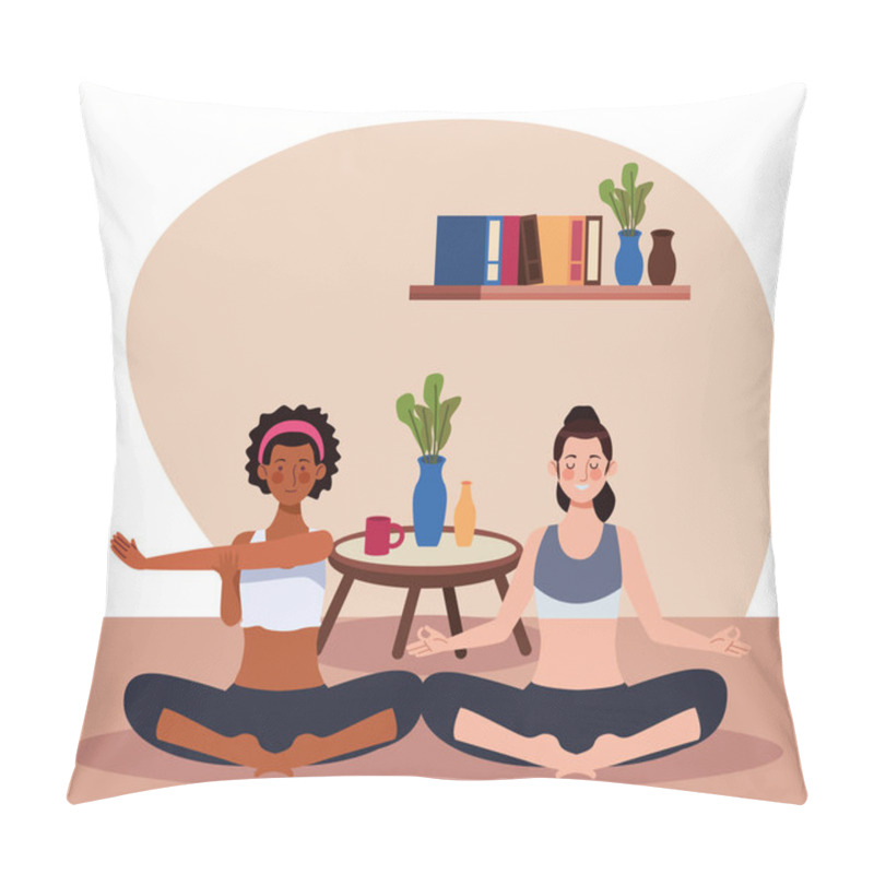 Personality  Interracial Women Practicing Yoga In The House Pillow Covers