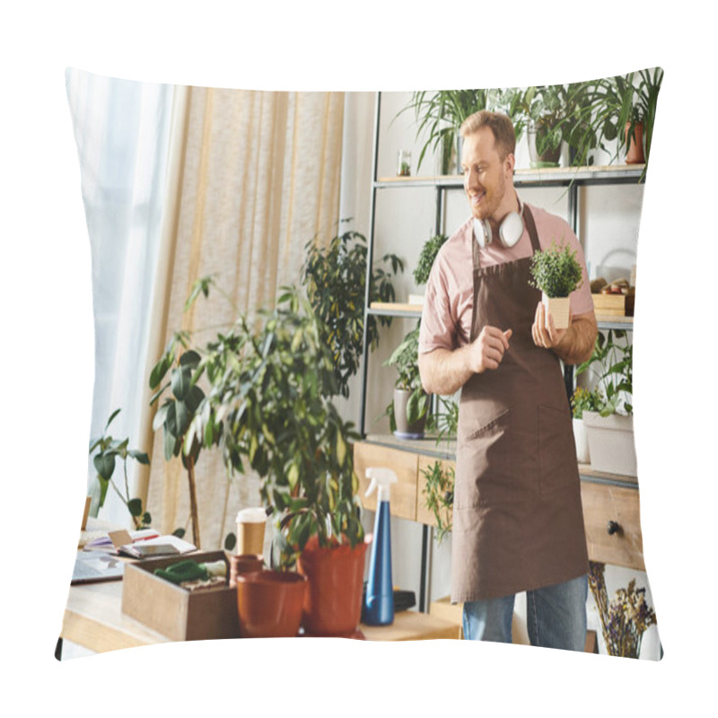 Personality  A Handsome Man In An Apron Proudly Holds A Potted Plant In A Plant Shop, Showcasing His Love For Greenery. Pillow Covers