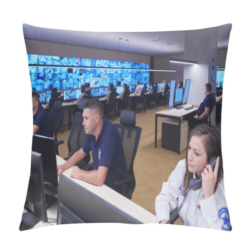 Personality  Group Of Security Data Center Operators Working In A CCTV Monitoring Room Looking On Multiple Monitors  Officers Monitoring Multiple Screens For Suspicious Activities  Team Working On The System Control Room Pillow Covers