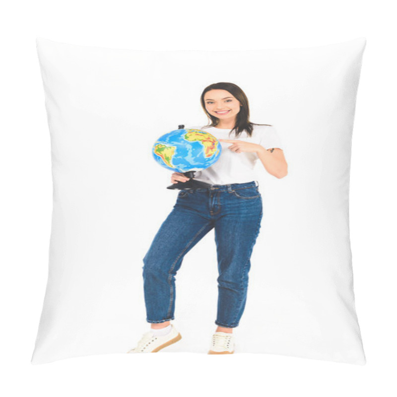 Personality  Cheerful Woman Pointing With Finger At Globe Isolated On White Pillow Covers