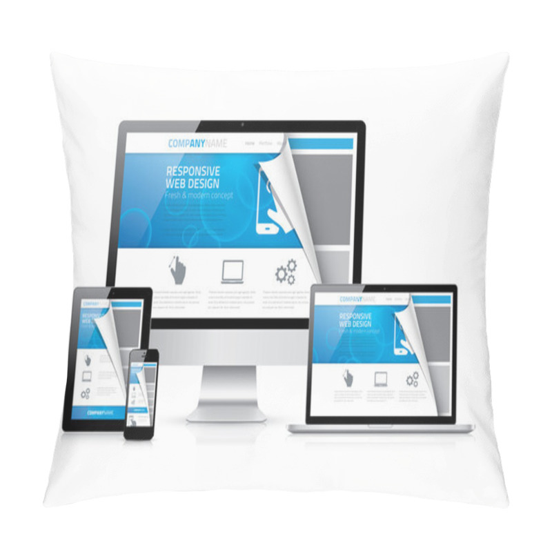 Personality  Responsive Web Design Vector. Framework Behind Awesome Website Styling For Perfect Illustration Of Modern Computer Development Concept. Almost Real Looking Electronic Vector Devices. Pillow Covers