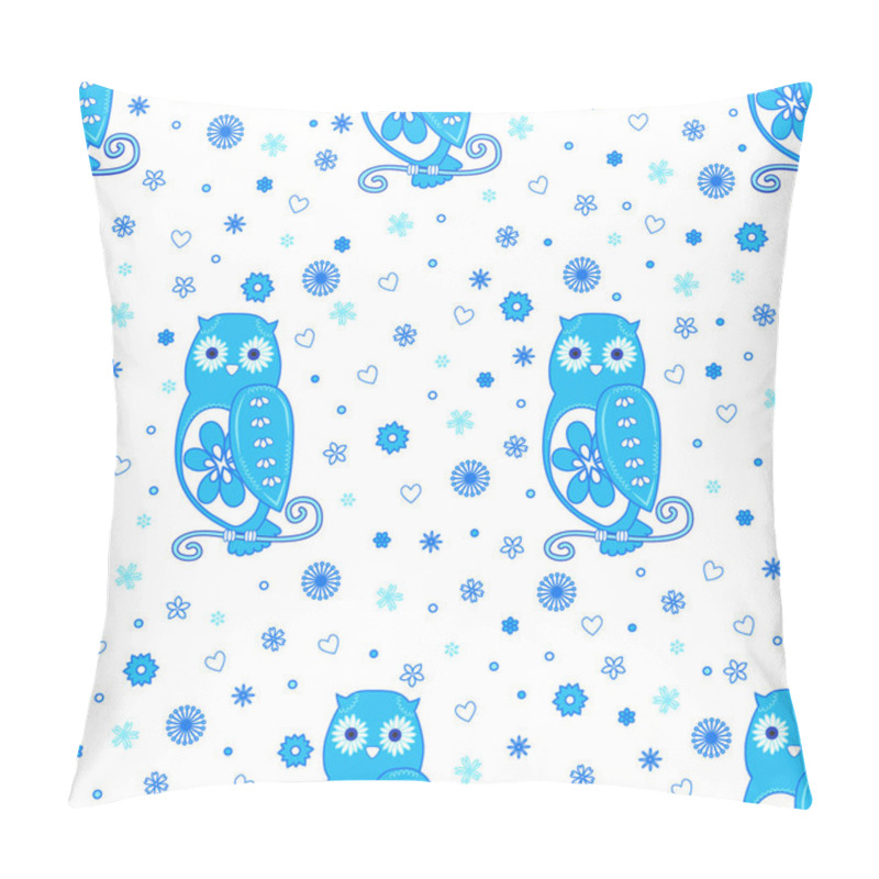 Personality  Funny Seamless Vector Pattern With Cartoon Cute Owls, Flowers And Hearts In Blue On White Background. Can Be Used For Kid's,baby's Shirt Design, Textile, Fashion Print Design,fashion Graphic, Little Girls, Boys And Babies Clothes And And Pajamas. Pillow Covers