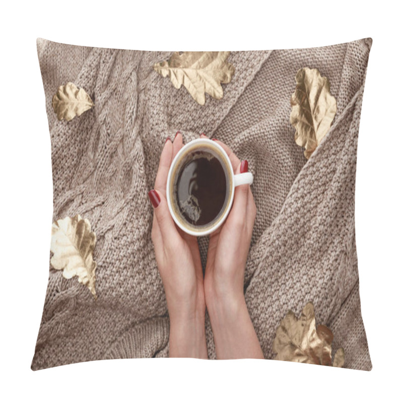 Personality  Partial View Of Woman Holding Mug With Coffee On Knitted Brown Sweater With Golden Leaves Pillow Covers