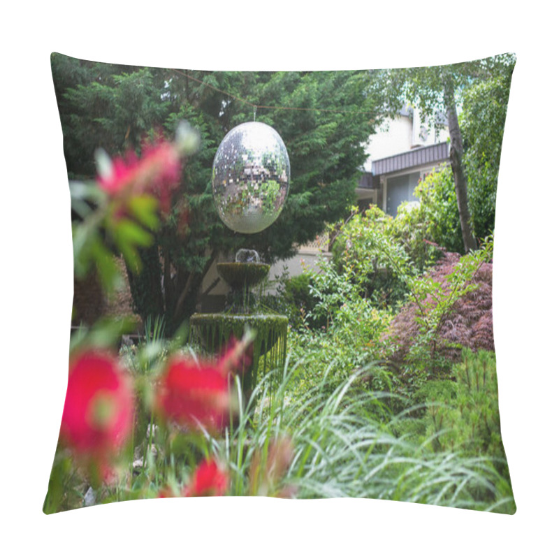 Personality  Garden Exterior With Fountain, Trees, Bushes, Flowers And Attractive Shiny Ball. Selective Focus. Pillow Covers